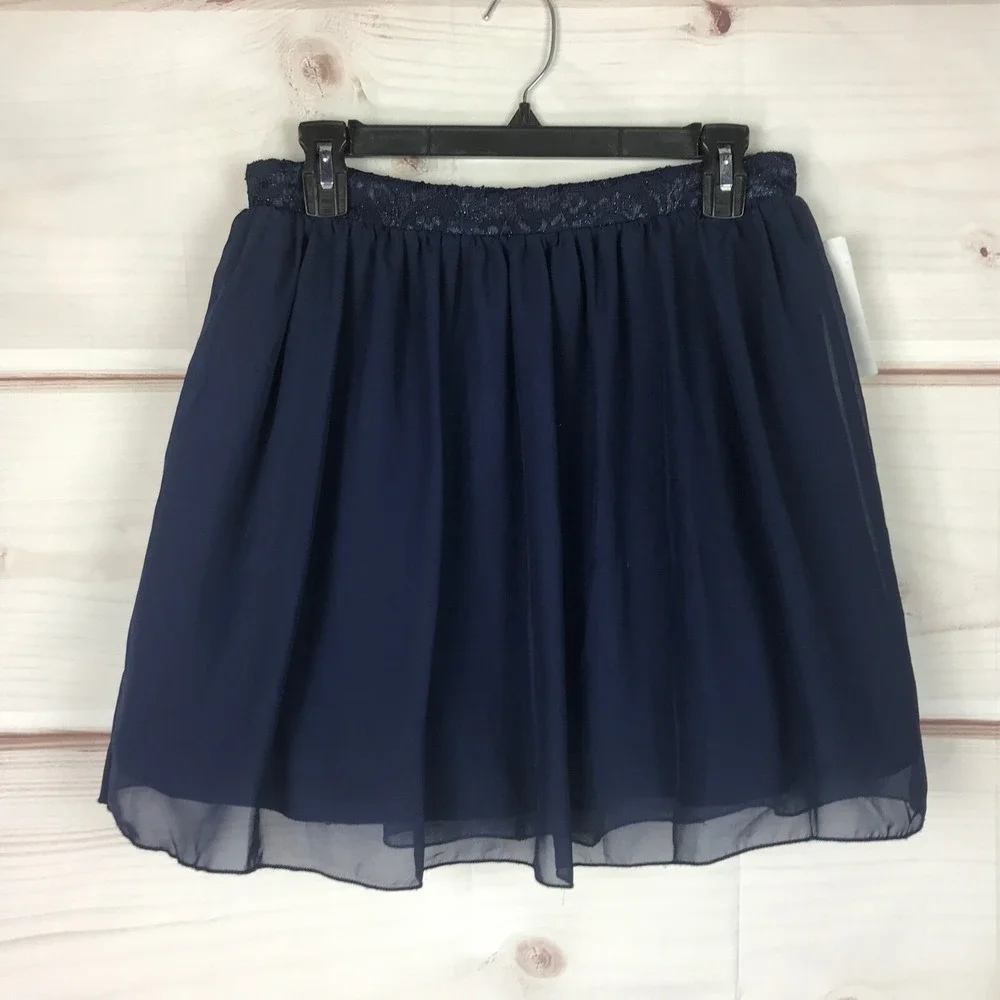 Speechless Skirt Juniors 9 Blue Chiffon A-Line Mini Lace Trim Zipper Lined Solid